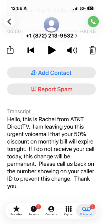 iPhone recents screen showing incoming call from 872-213-9532 marked as a scam attempt