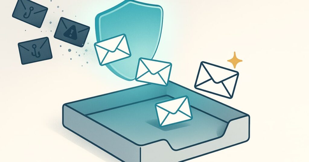 Illustration of an inbox protected by a teal shield, with phishing emails deflected while legitimate messages arrive