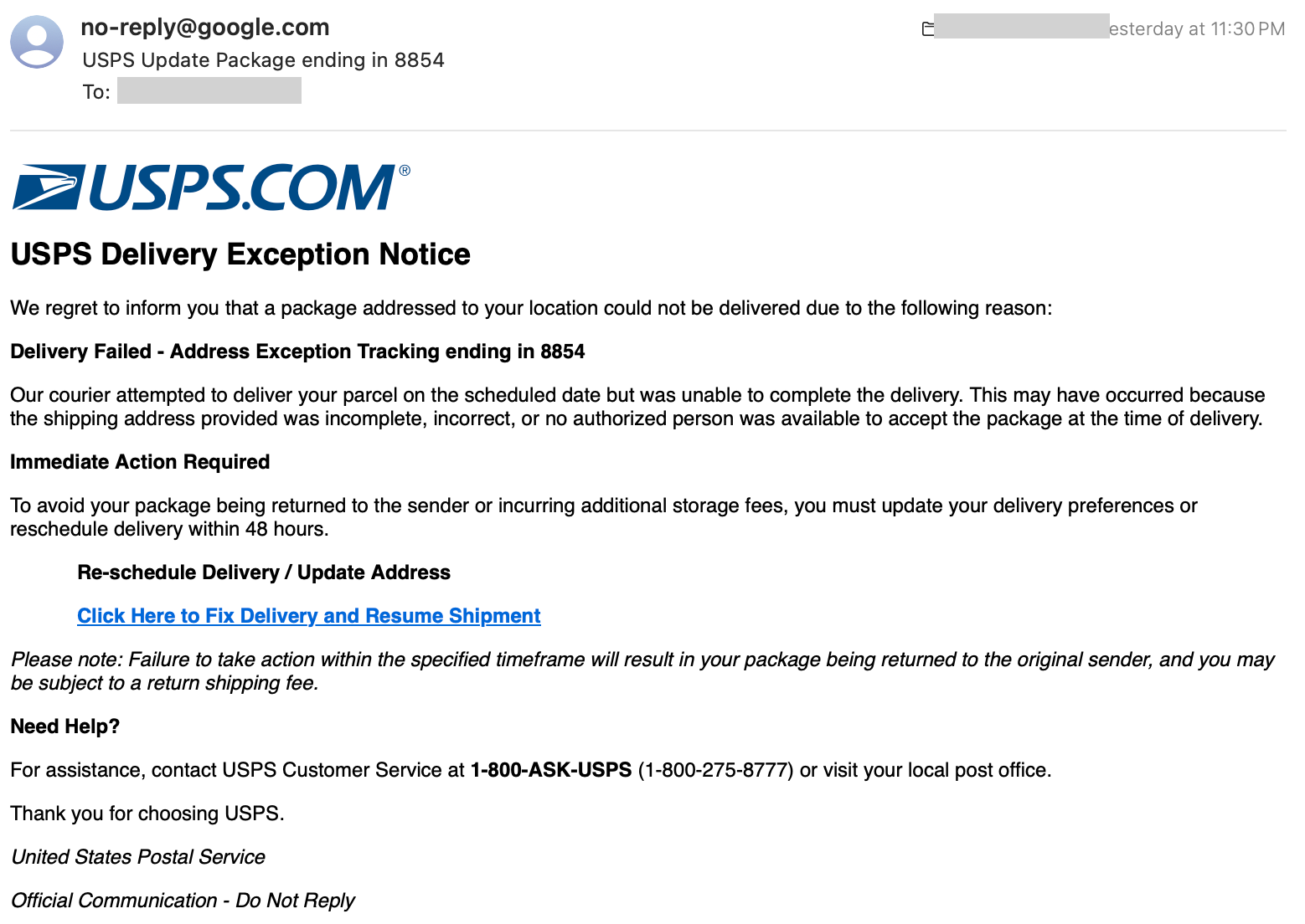 Screenshot of a phishing email impersonating USPS, with the recipient's personal details redacted.