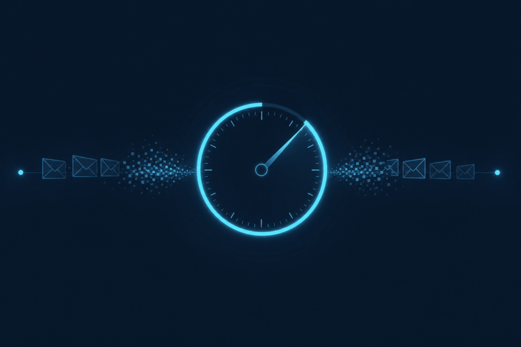 Stylized 49-minute stopwatch with phishing email icons dissolving along a timeline