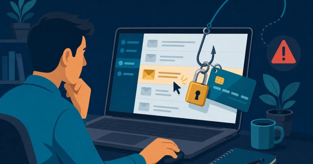 Illustration of a fishing hook pulling a padlock and credit card out of an email inbox