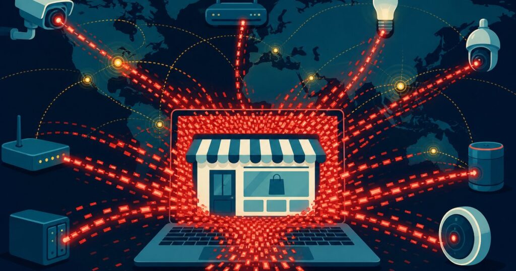 Illustration of hijacked cameras, routers and smart devices flooding a small business website with traffic